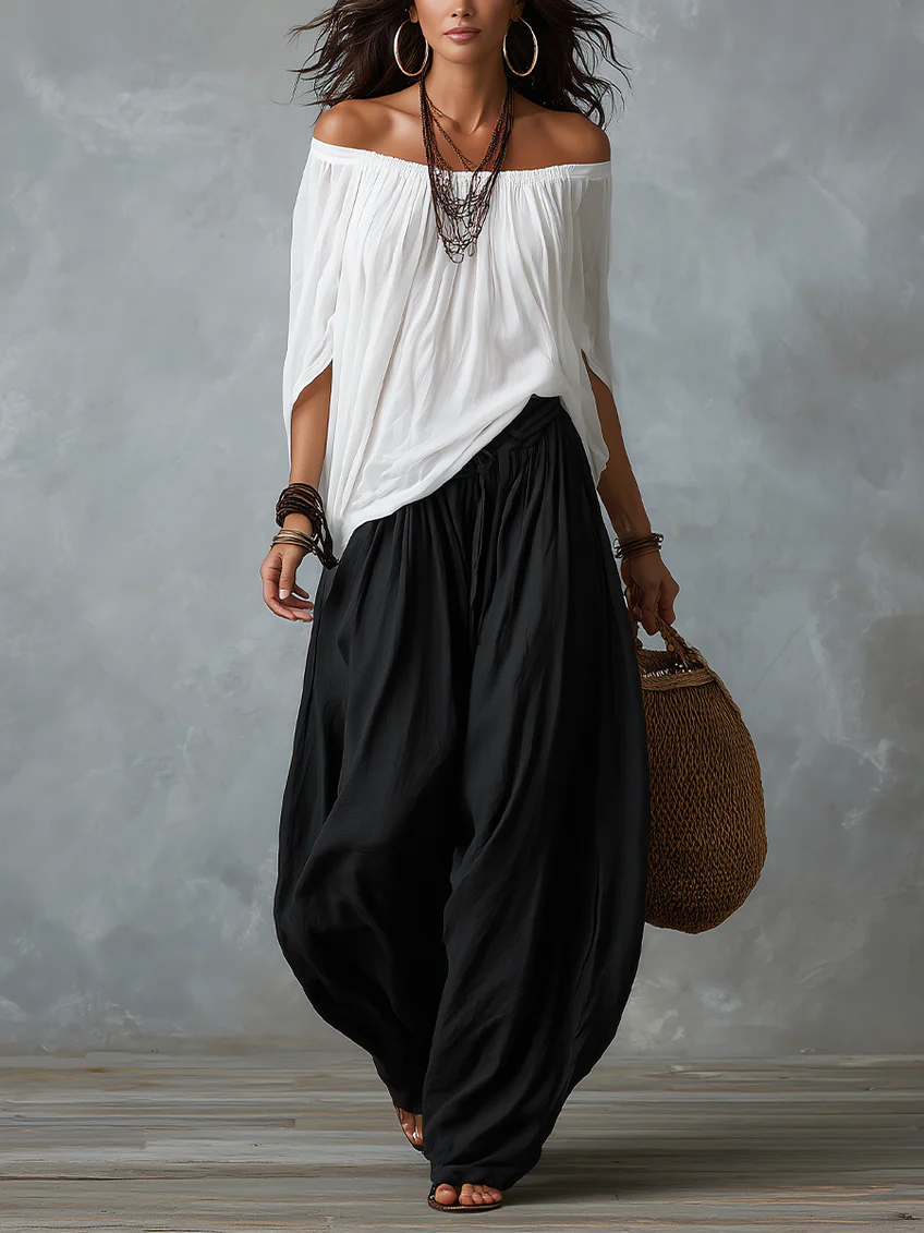 Women's Rayon Off-Shoulder Top and Lantern Pants Set