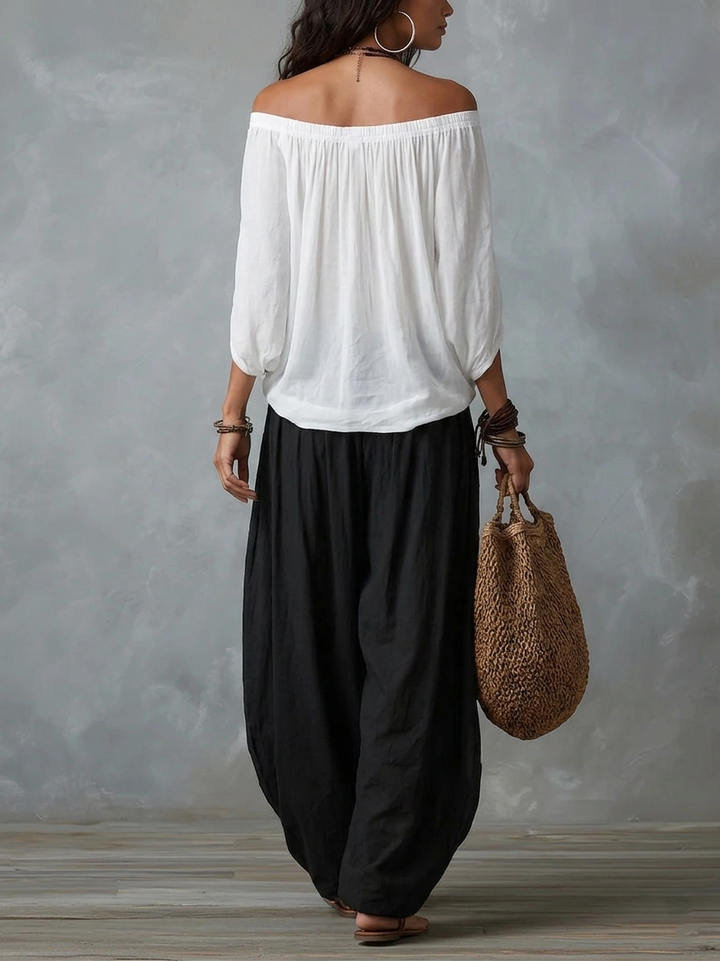 Women's White Off-Shoulder Top and Lantern Pants Set