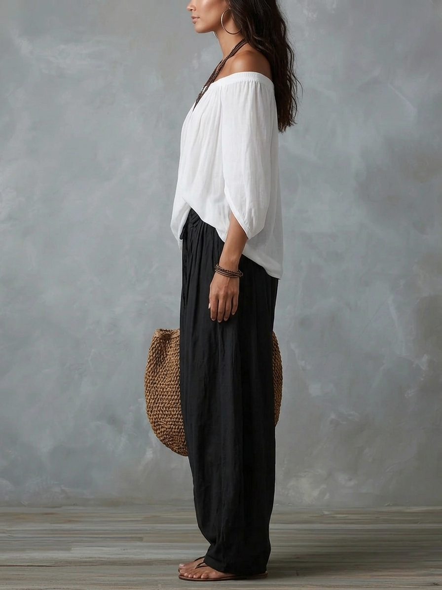 Women's Rayon Off-Shoulder Top and Lantern Pants Set