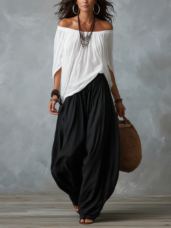 Women's White Off-Shoulder Top and Lantern Pants Set
