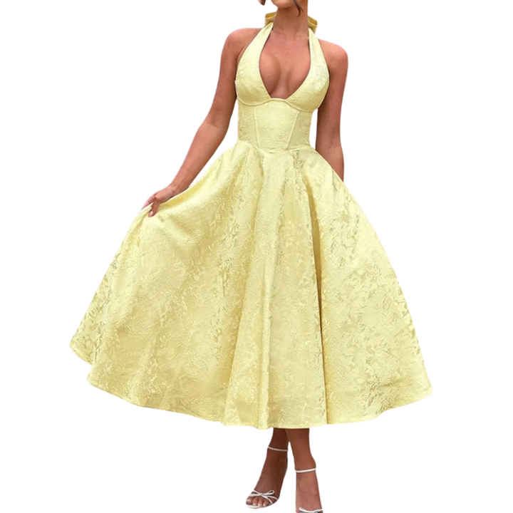 Women's Embroidered Halter V-Neck Evening Dress - Perfect for Galas