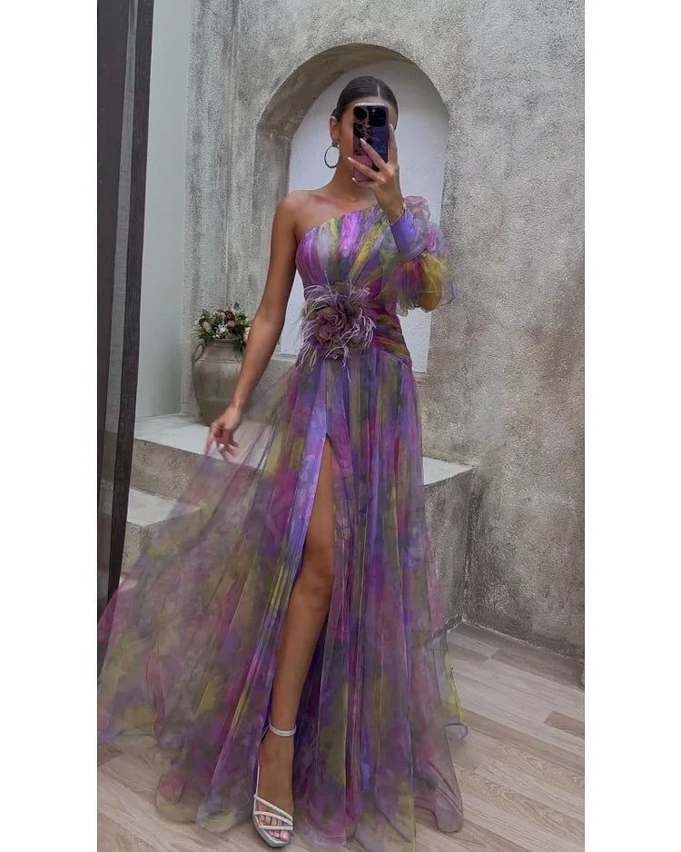 Women's Asymmetrical One-Sleeve Split Dress - Elegant Evening Wear