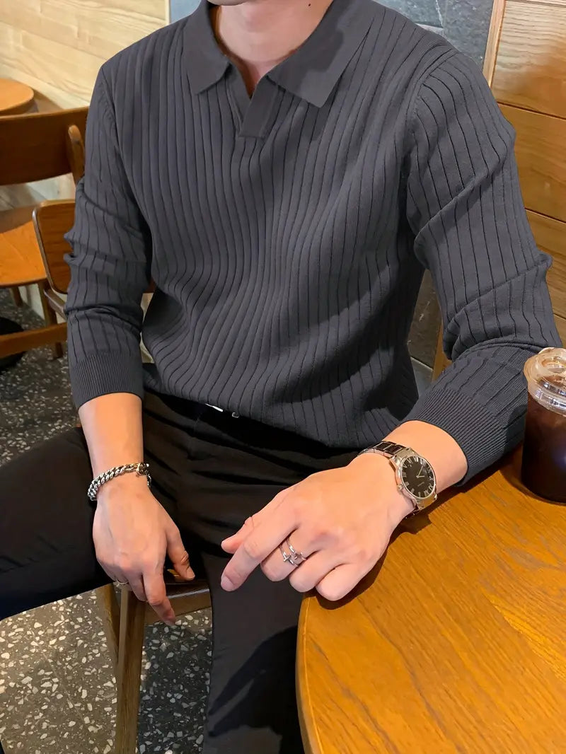 Men's Ribbed Knit Polo Shirt – Stretch Collared Smart Casual – view 4
