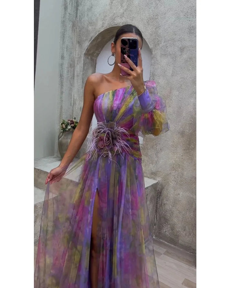 Women's Asymmetric One-Sleeve Slit Dress - Elegant Formal Event Wear