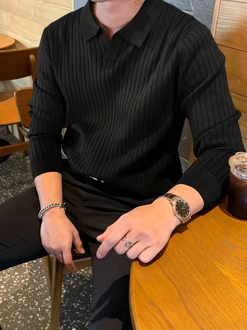 Men's Ribbed Knit Polo Shirt – Stretch Collared Smart Casual – view 10