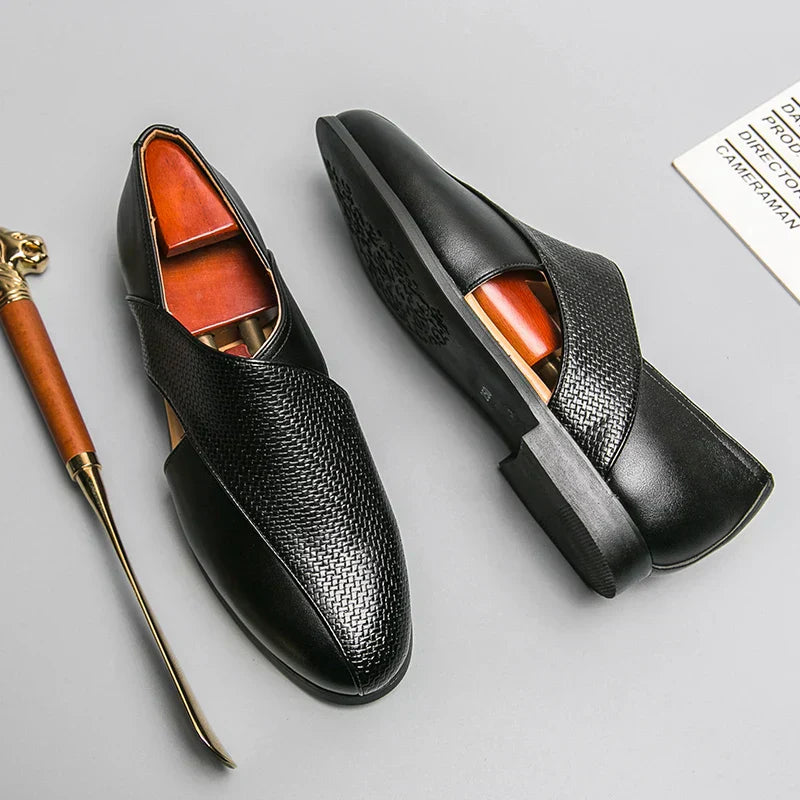 Men's Leather Cross-Strap Loafers – Smart Casual Slip-On Shoes