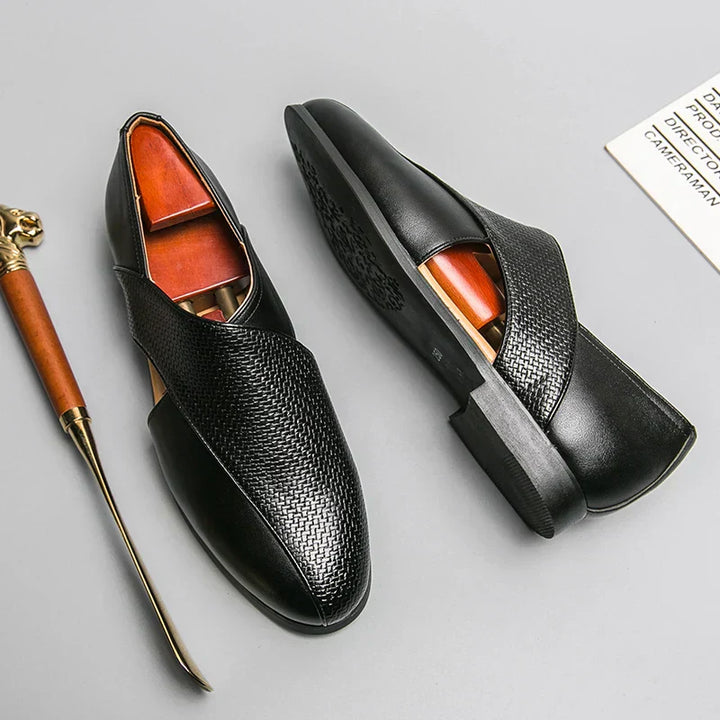 Men's Leather Cross-Strap Loafers – Smart Casual Slip-On Shoes