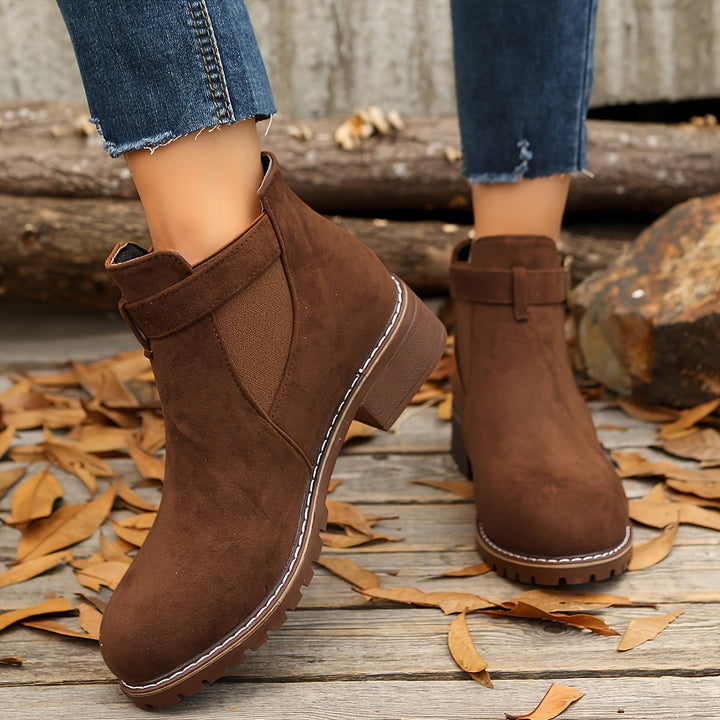 Women's Faux Suede Buckle Chelsea Boots – Low Block Heel – view 5