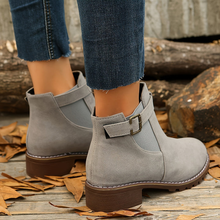 Women's Faux Suede Buckle Chelsea Boots – Low Block Heel – view 7