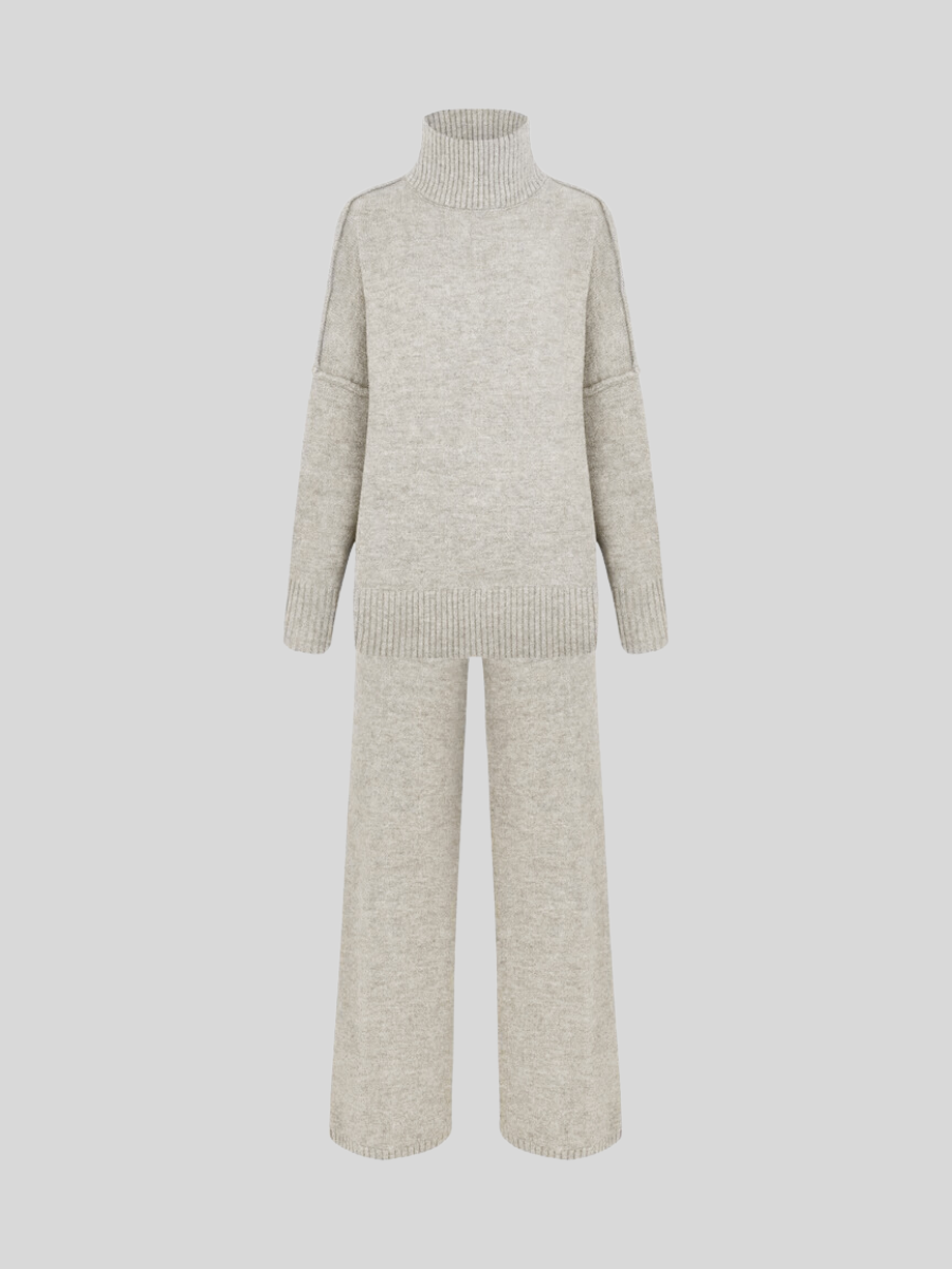 Women's Knit Co-ord Set – Roll Neck Jumper & Wide-Leg Trousers