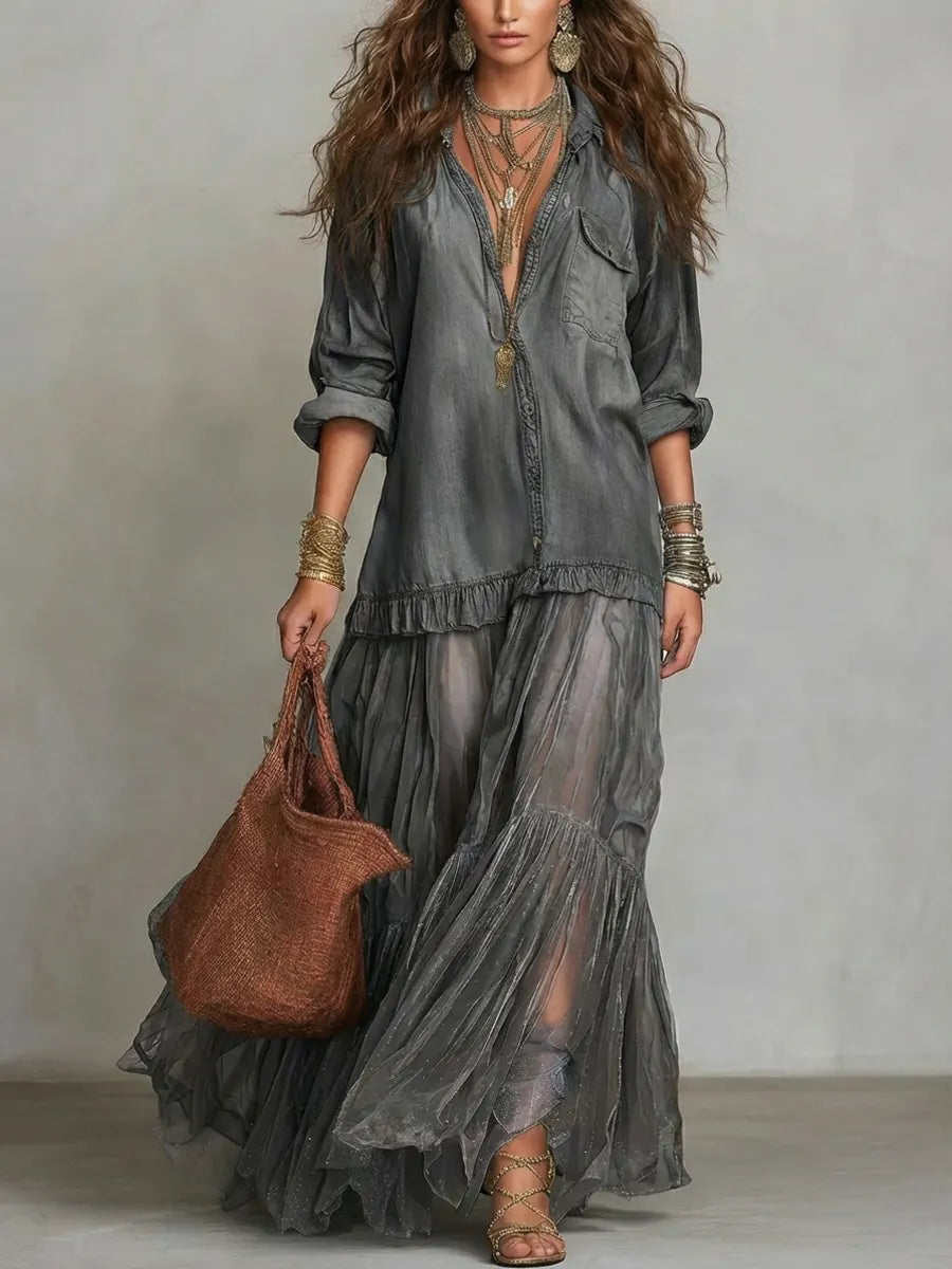 Women's Retro Lapel Denim Organza Patchwork Maxi Dress - Artful