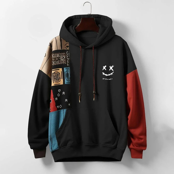 Men's Cotton-Blend Hoodie – Contrast Patchwork Casual – Black