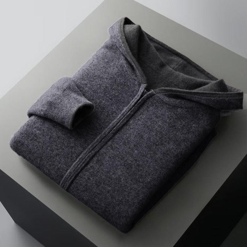 Men's Merino Wool Zip-Up Hoodie – Reversible Knit Layering – Dark Grey