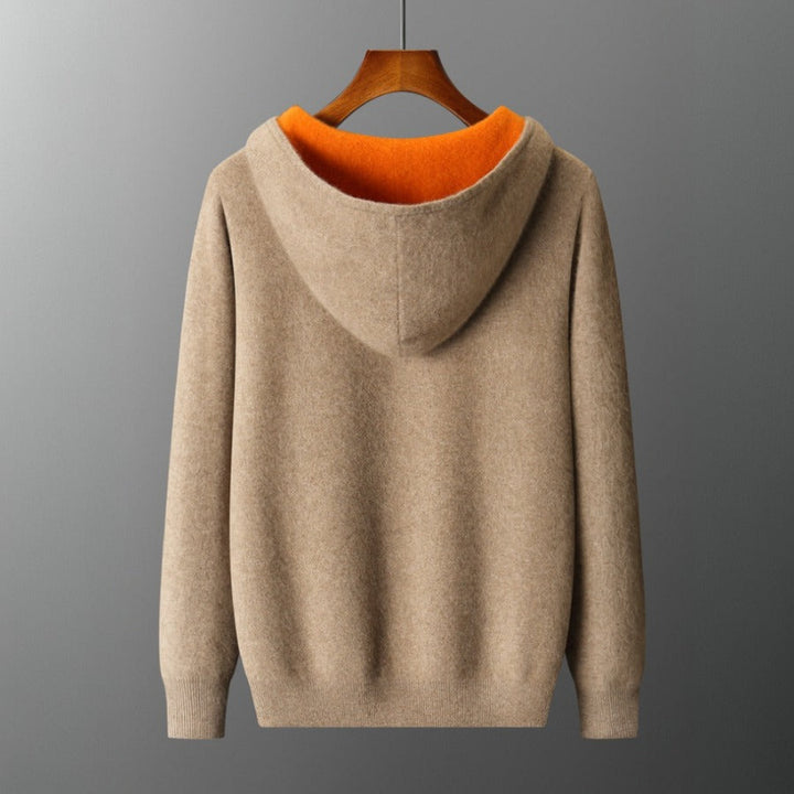 Men's Merino Wool Zip-Up Hoodie – Reversible Knit Layering – Camel