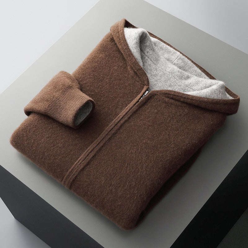 Men's Merino Wool Zip-Up Hoodie – Reversible Knit Layering – Dark Brown