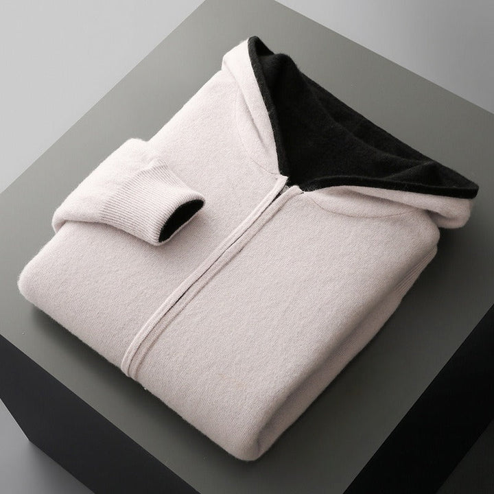 Men's Merino Wool Zip-Up Hoodie – Reversible Knit Layering – White