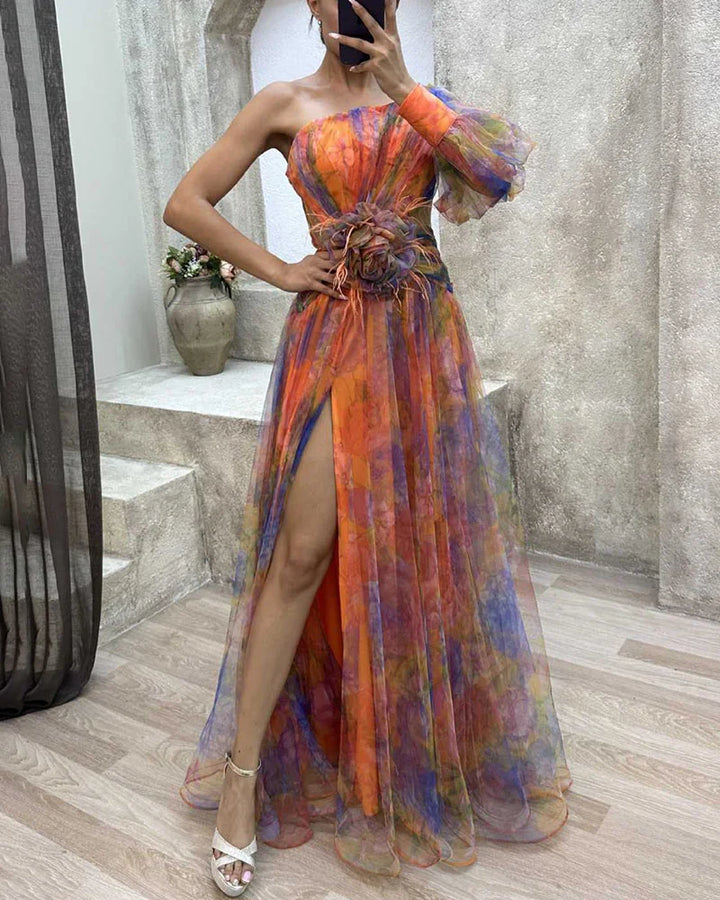 Women's Asymmetrical One-Sleeve Split Dress - Elegant Evening Wear