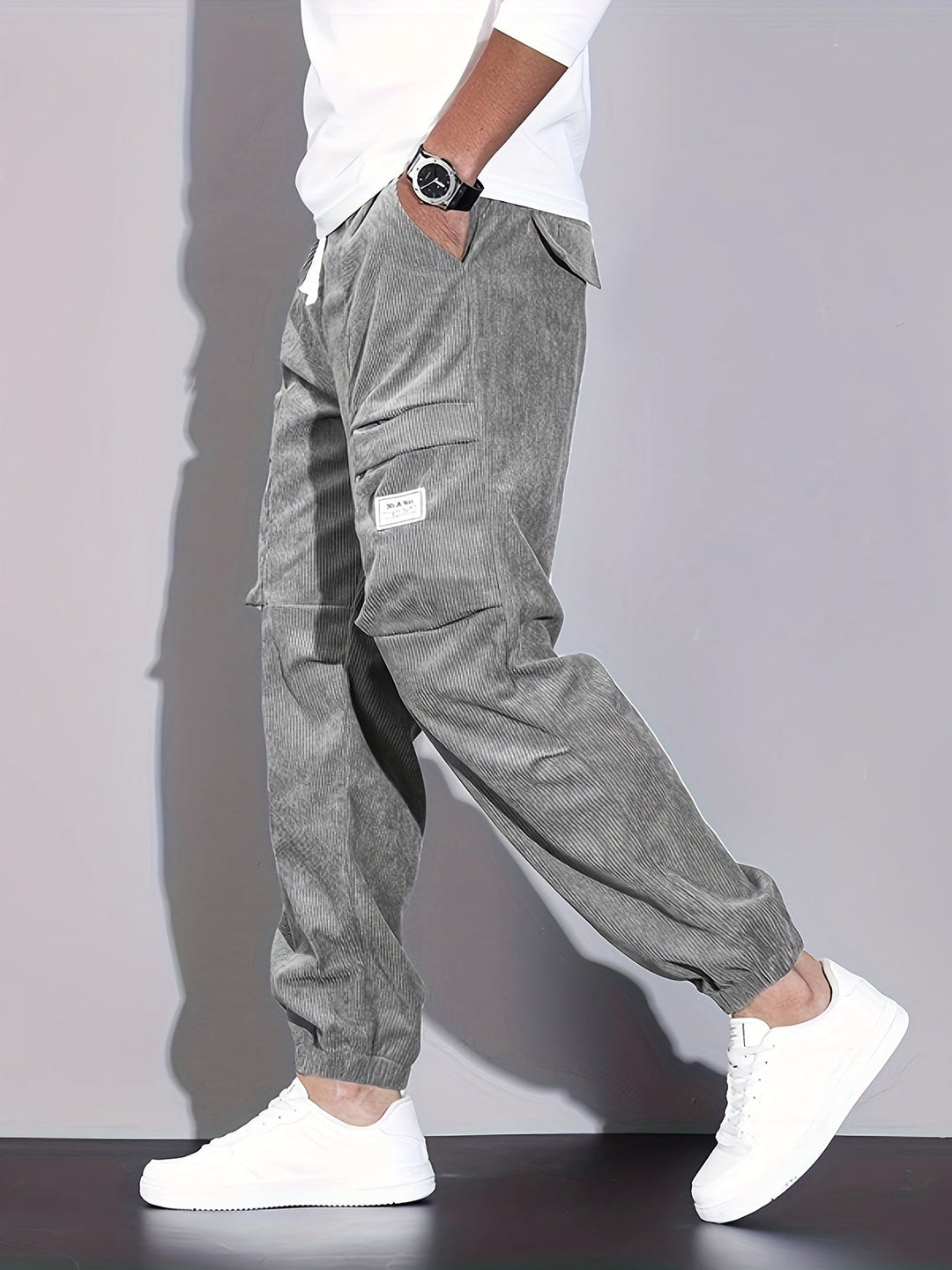 Men's Corduroy Cargo Trousers – Relaxed Tapered Drawstring Fit – view 3