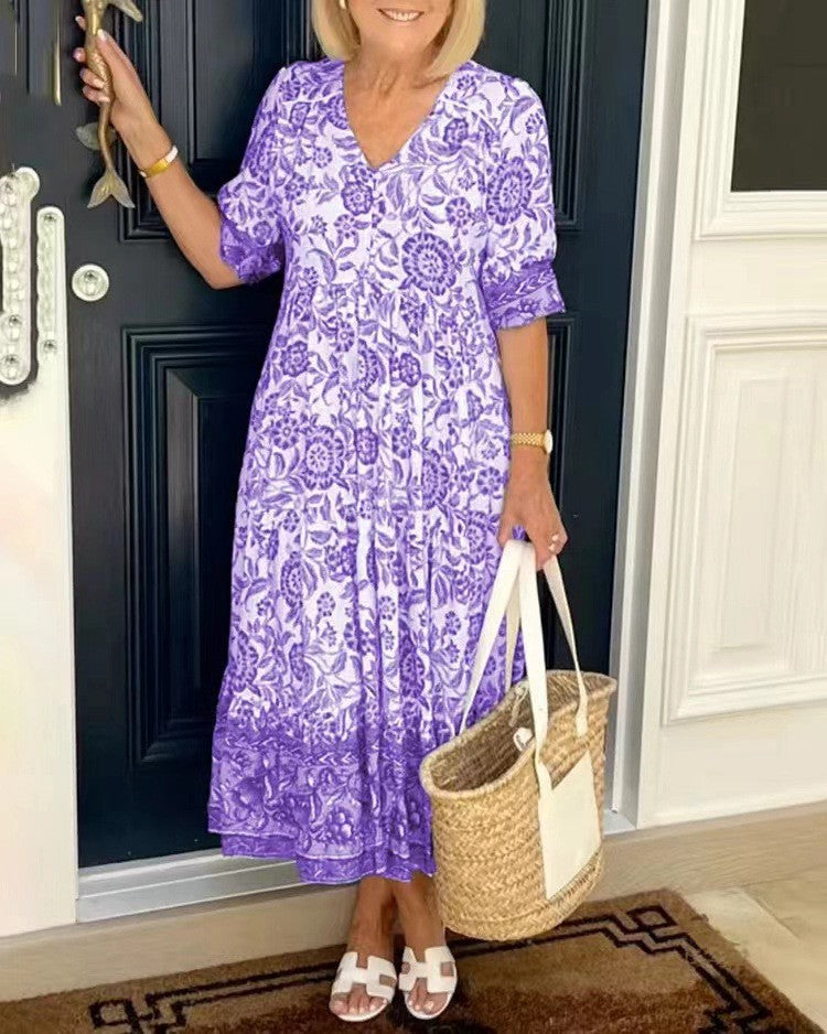 Women's Graceful V-Neck Floral Dress - Everyday Elegance