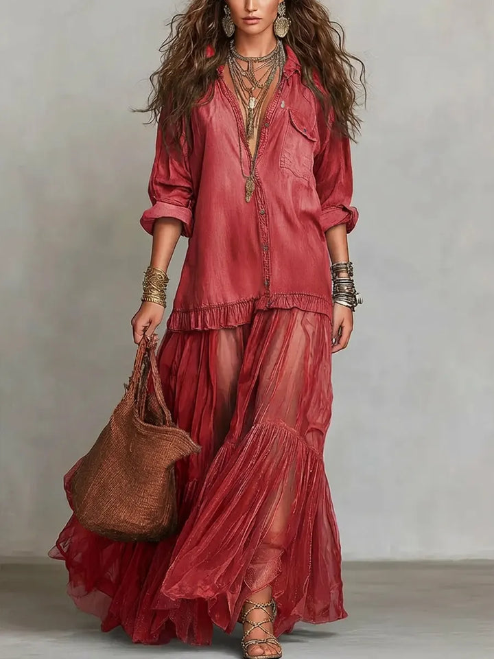 Women's Retro Lapel Denim & Organza Patchwork Maxi Dress