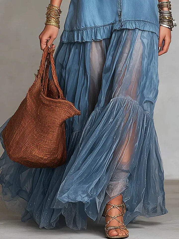 Women's Retro Lapel Denim Organza Patchwork Maxi Dress - Artful