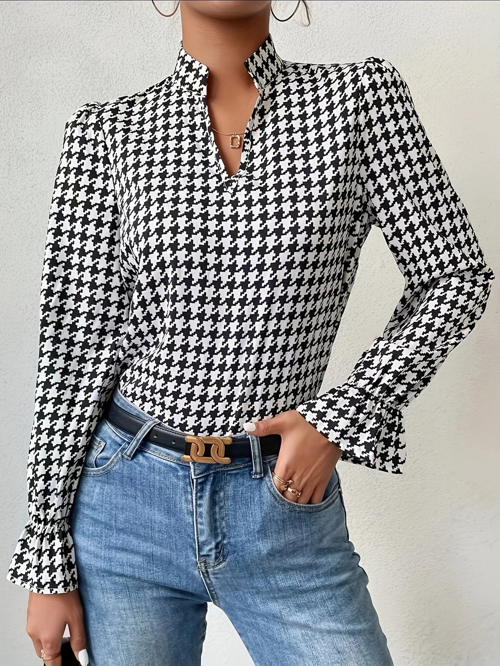 Women's Houndstooth Blouse – Notch Neck Ruffle Lantern Sleeves