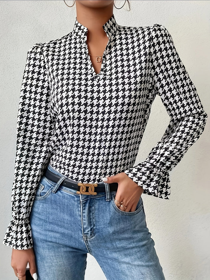 Women's Houndstooth Blouse – Notch Neck Ruffle Lantern Sleeves