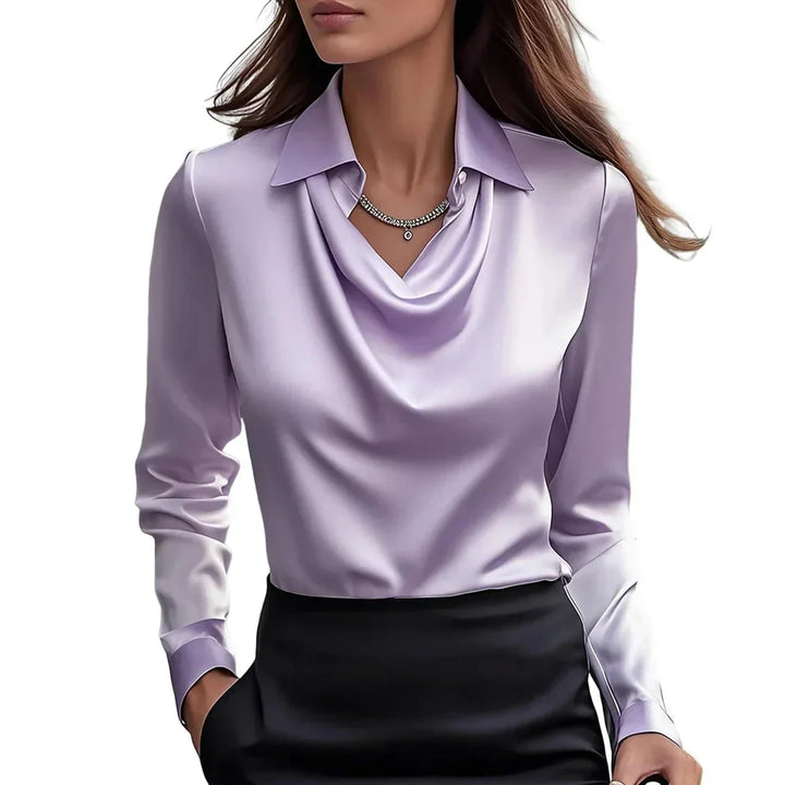 Women's Satin Cowl Neck Blouse – Fluid Drape Smart Top – Purple