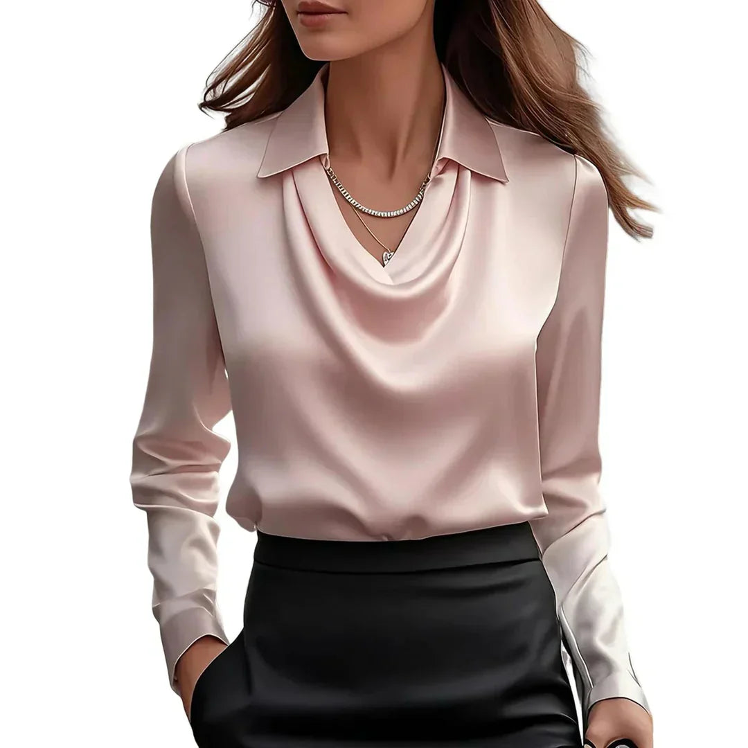 Women's Satin Cowl Neck Blouse – Fluid Drape Smart Top – Pink