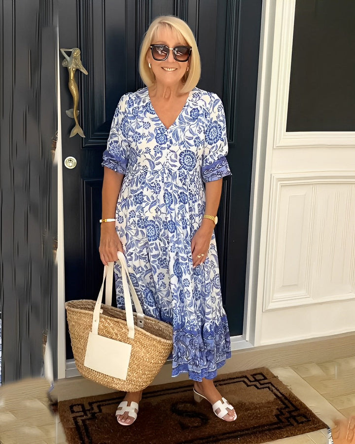 Women's Printed V-Neck Midi Dress - Everyday Elegance