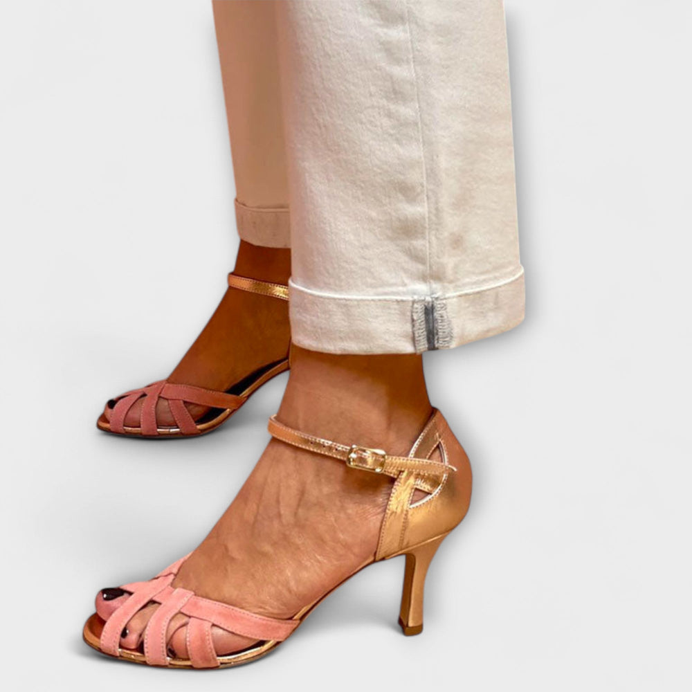 Women's Gold and Pink Suede Heels - Glamorous Evening Style