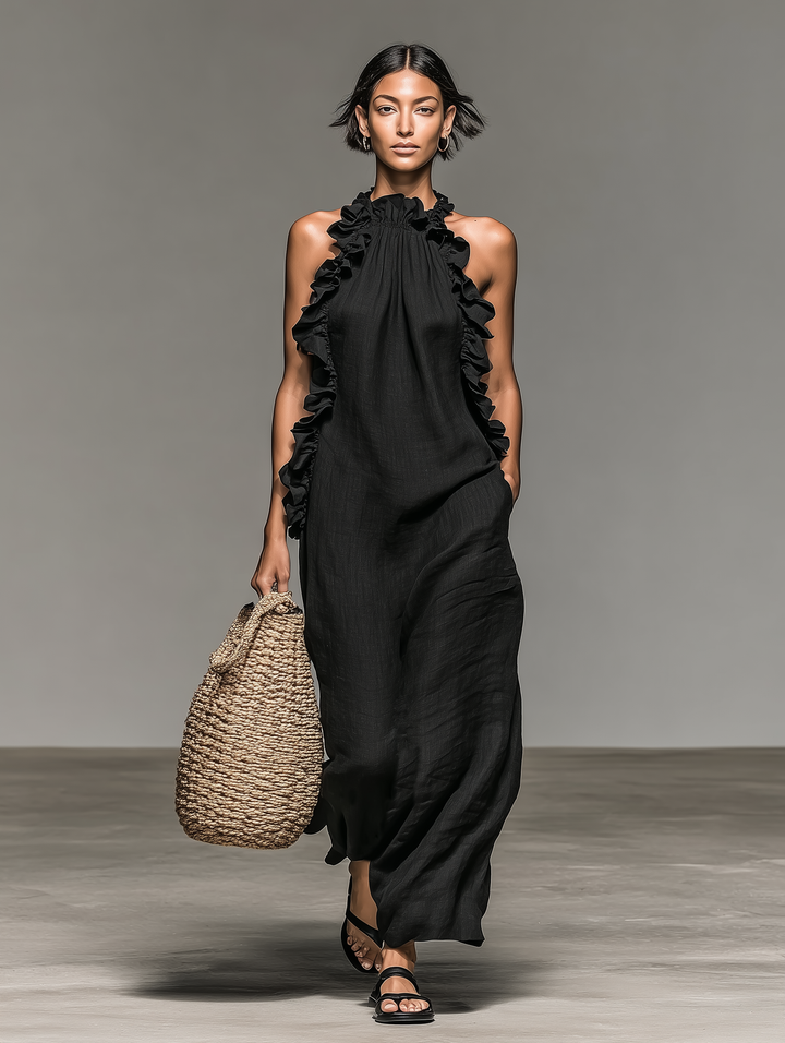 Women's Sleeveless Linen Blend Maxi Dress with Ruffle Details