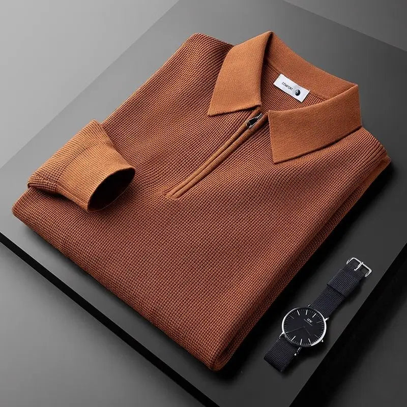 Men's Waffle Knit Half-Zip Polo – Textured Long Sleeve Jumper