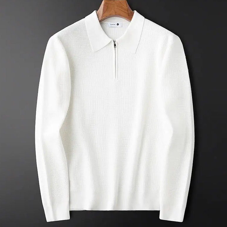 Men's Waffle Knit Half-Zip Polo – Textured Long Sleeve Jumper – view 6