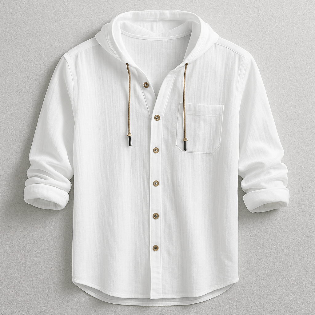 Men's Cotton Linen Hooded Shirt – Relaxed Summer Beach Style – White
