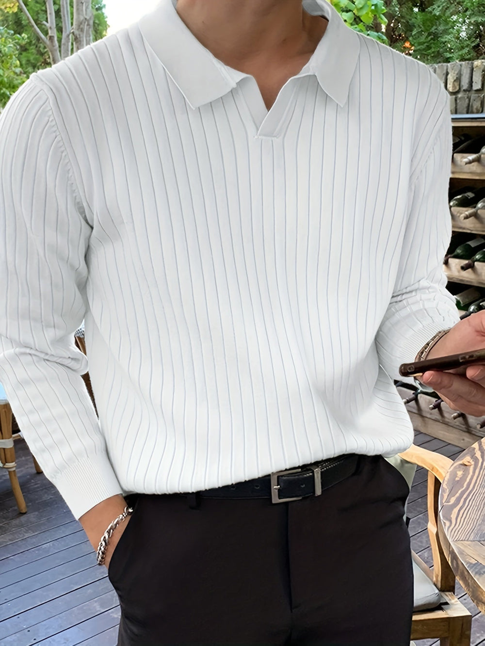 Men's Ribbed Knit Polo Shirt – Stretch Collared Smart Casual