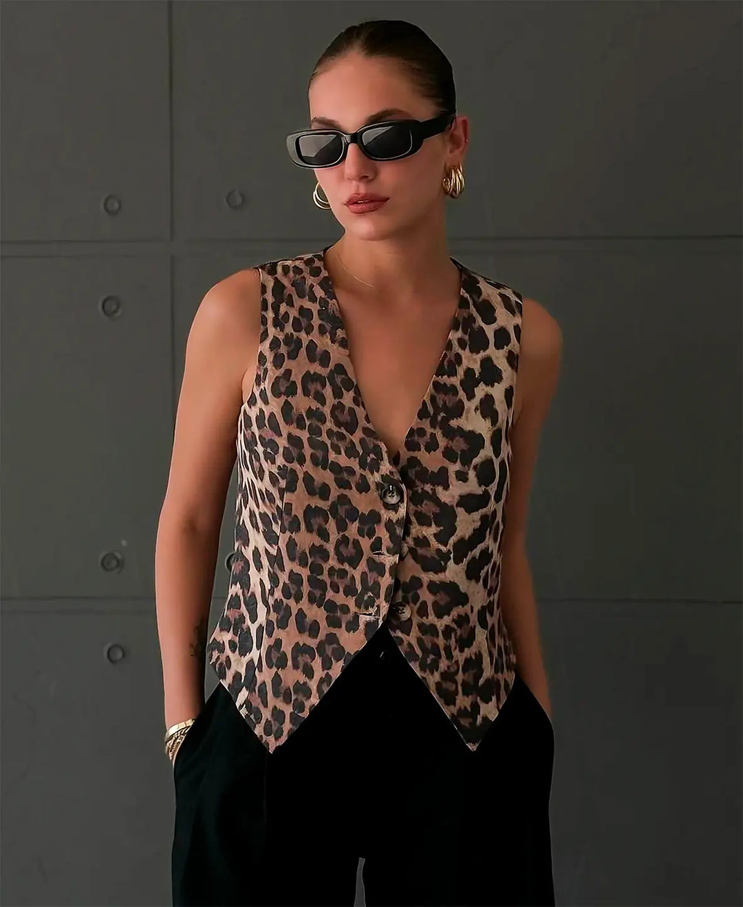 Women's Leopard Print Waistcoat Vest – Tailored Polyester Mix