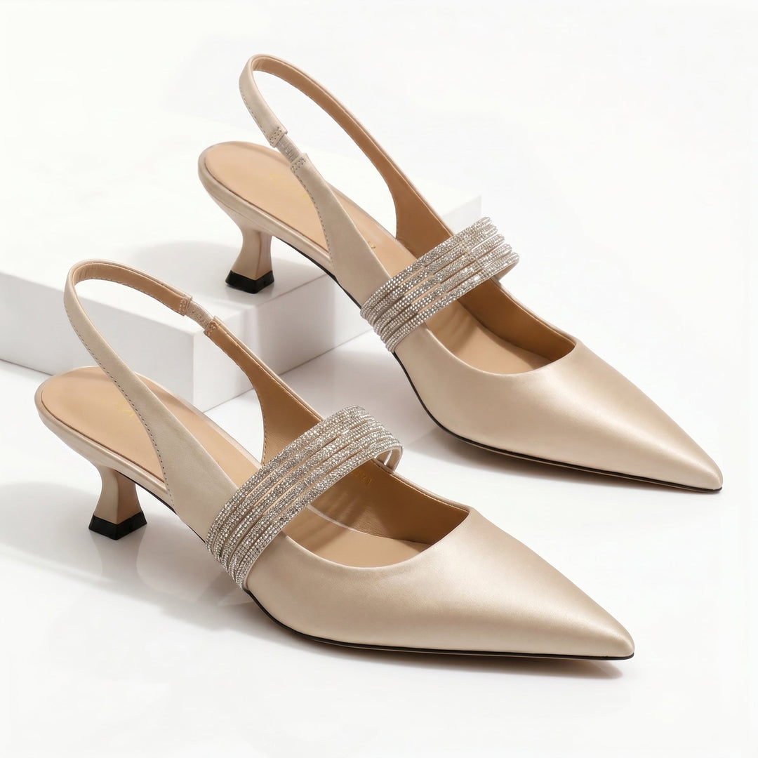 Women's Satin Rhinestone Kitten Heels - Elegant Day to Night