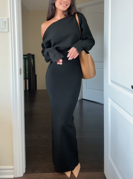 Women's One-Shoulder Long Sleeve Dress – Elegant Evening Wear – view 3