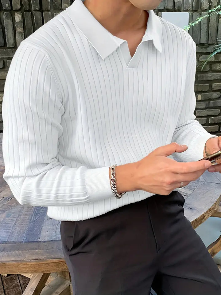 Men's Ribbed Knit Polo Shirt – Stretch Collared Smart Casual – view 2