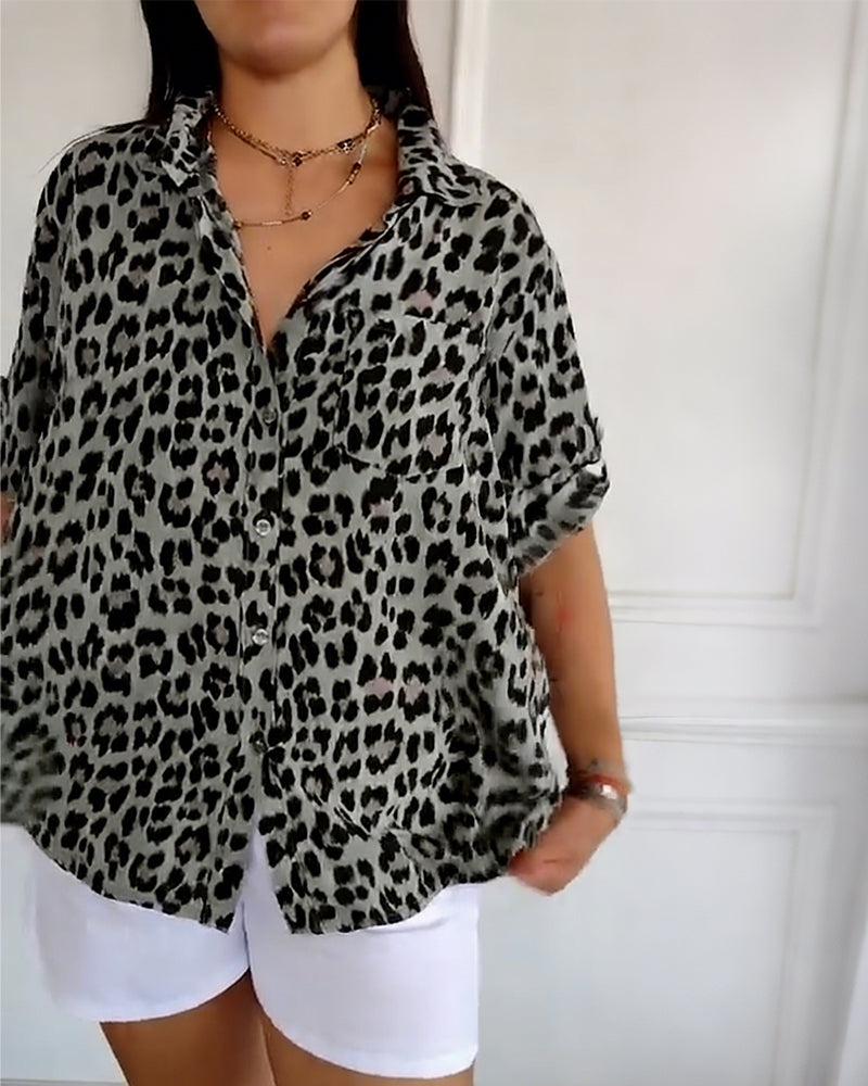 Women's Leopard Print Blouse - V-Neck Three-Quarter Sleeve