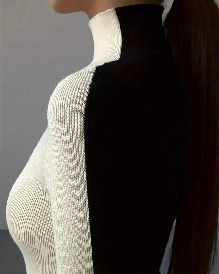Women's Ribbed Knit Top with High Neck – Colour-Block Design – view 3