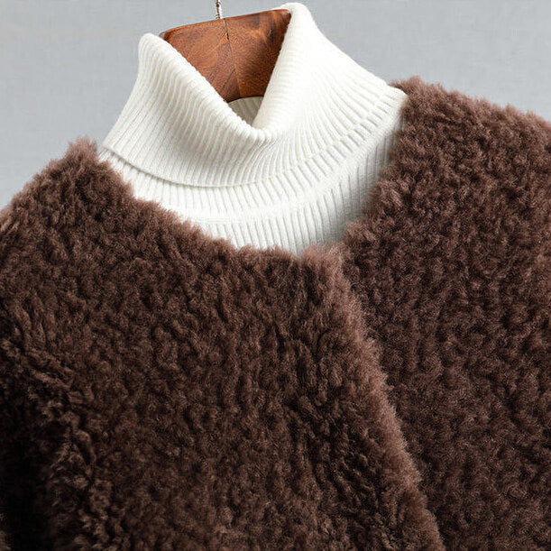 Women's Shearling Coat – Collarless Open-Front Teddy Layer – Mocha Brown