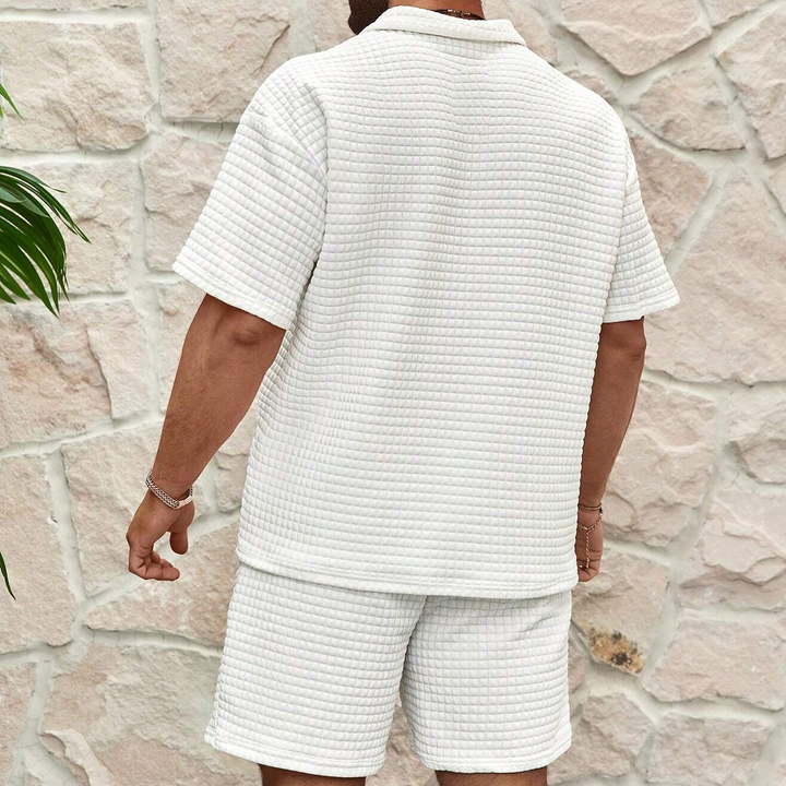 Men's Waffle Knit Leisure Set – Zip Collar Two-Piece Loungewear – White