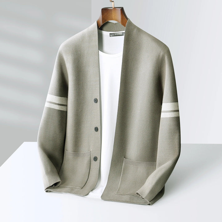 Men's Merino Blend Knit Cardigan – Varsity Stripe Layering – view 11