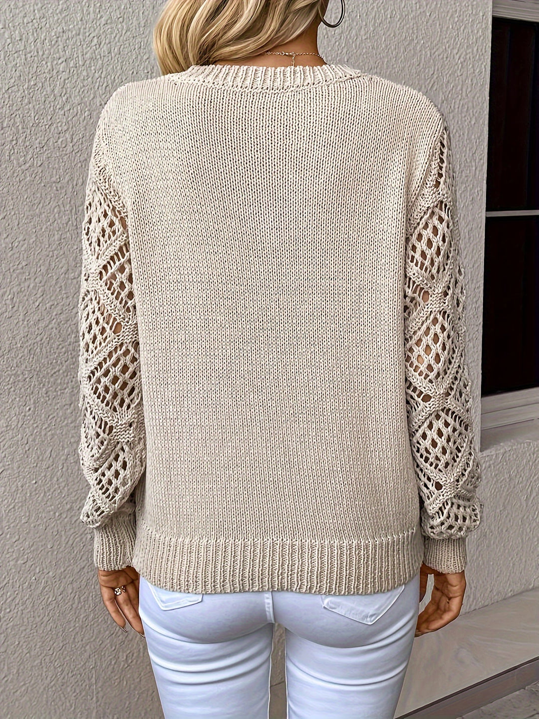 Women's V-Neck Open Knit Jumper – Long Sleeve Pullover – view 4