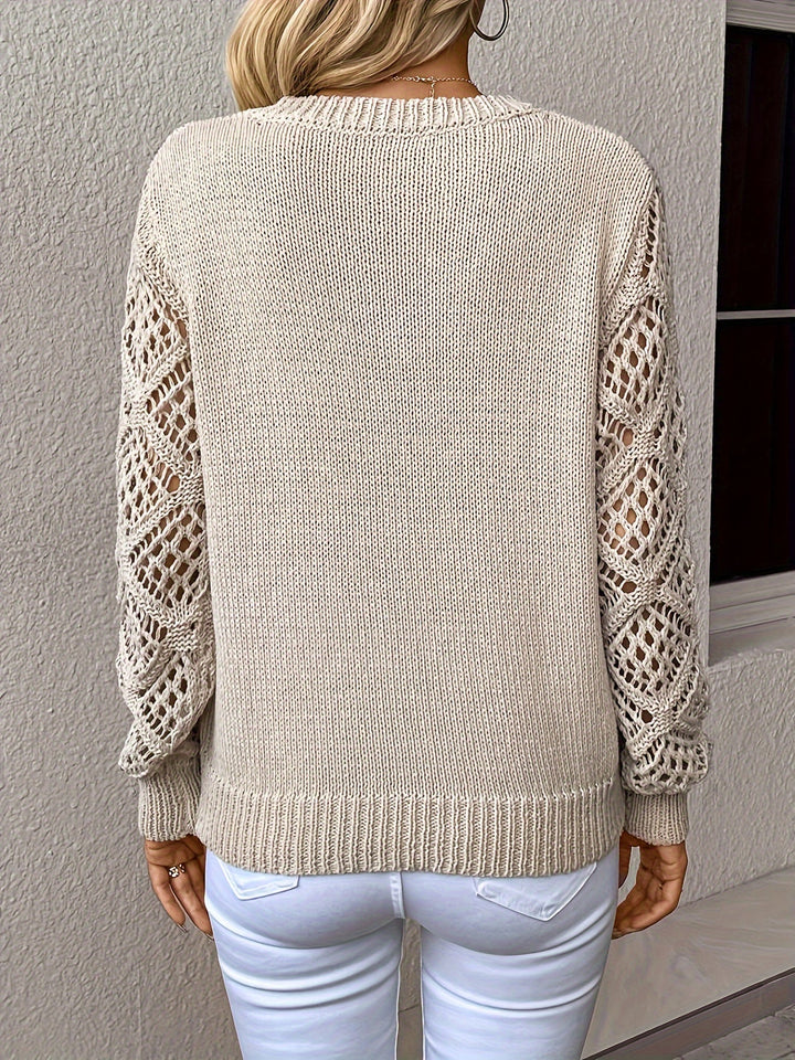 Women's V-Neck Open Knit Jumper – Long Sleeve Pullover – view 4