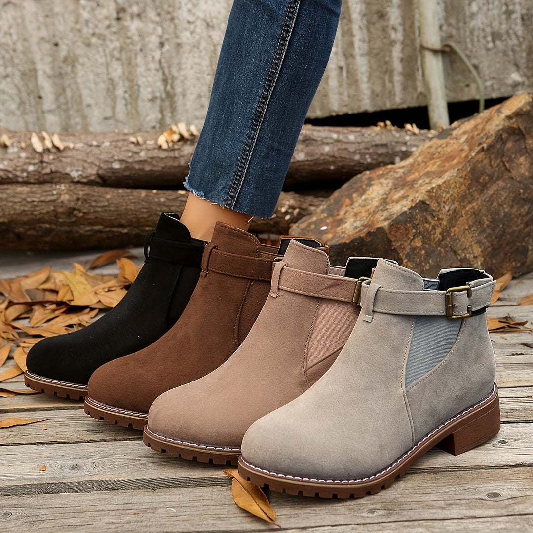 Women's Faux Suede Buckle Chelsea Boots – Low Block Heel – view 10