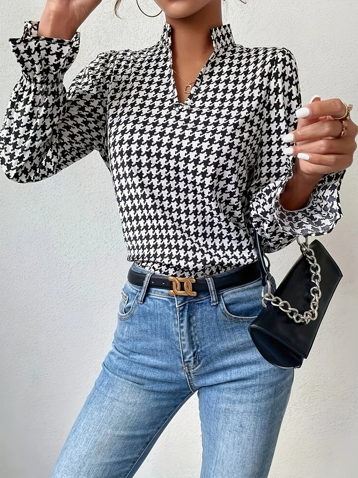 Women's Houndstooth Blouse – Notch Neck Ruffle Lantern Sleeves – view 3