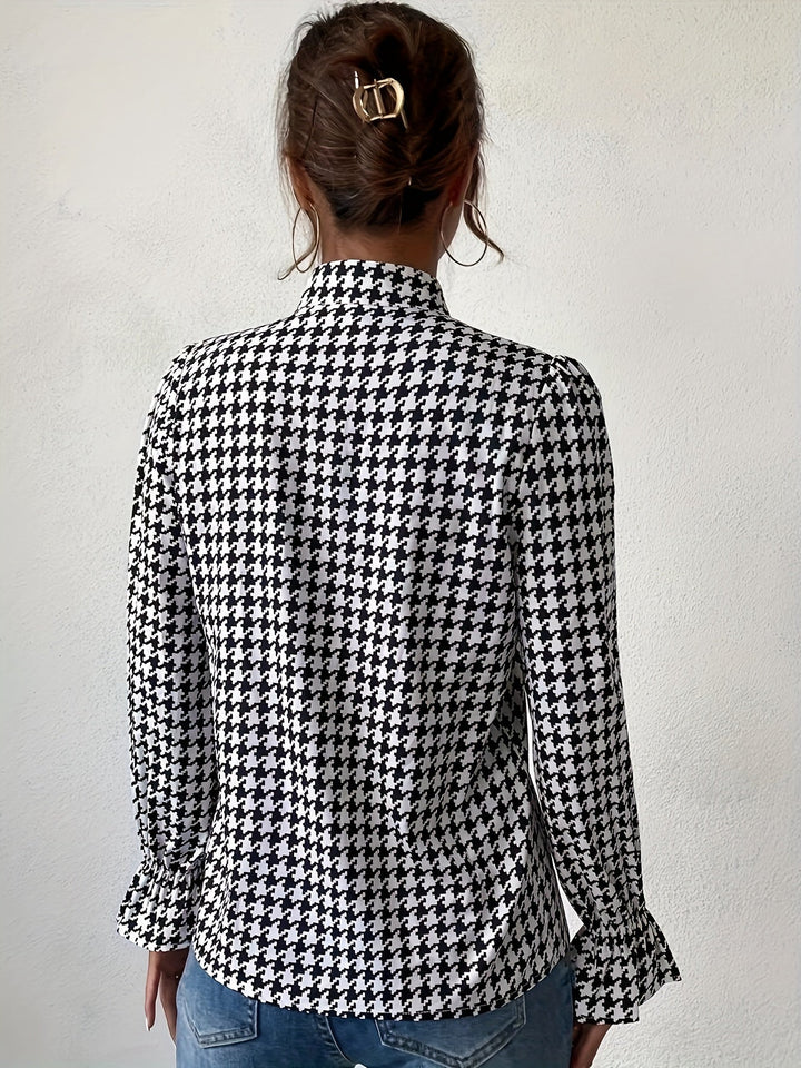 Women's Houndstooth Blouse – Notch Neck Ruffle Lantern Sleeves – view 5